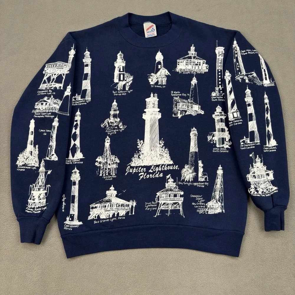 Vintage Michigan Rag Co Lighthouse Sweatshirt Size M All Over Print Crewneck USA - Picture 1 of 15